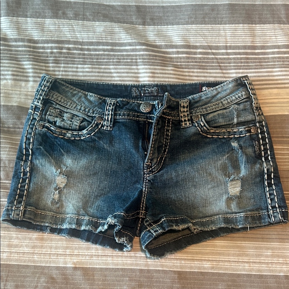 Silver Distressed Blue Jean Shorts